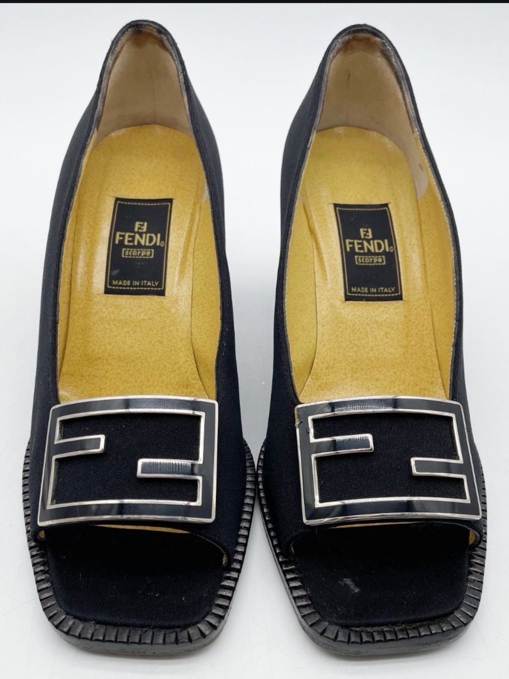 Fendi Black Peep-Toe Pumps with Silver Buckle